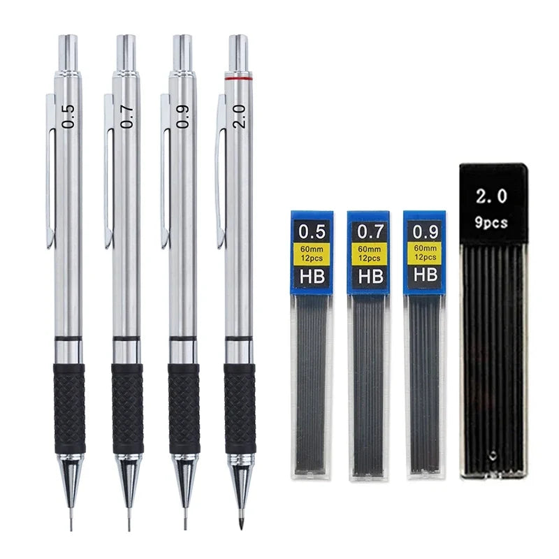Metal Mechanical Pencil Set with Pencil Grip Leads Art Drawing Student Office Supplies 0.5/0.7/0.9/2.0mm Automatic Pencil